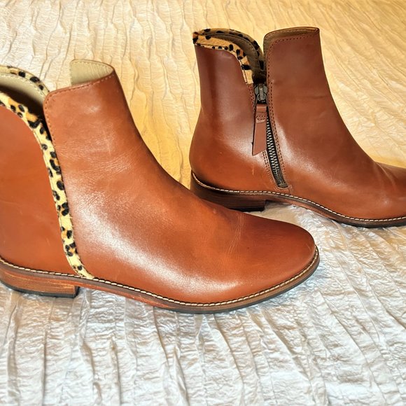 Joules Tan Leather Ankle Boots with leopard trim - Picture 4 of 11